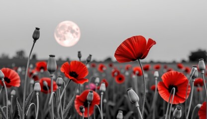 Obraz premium A striking monochromatic landscape is punctuated by vibrant red poppies, creating a powerful visual contrast. The scene is set against a backdrop of a large, luminous moon