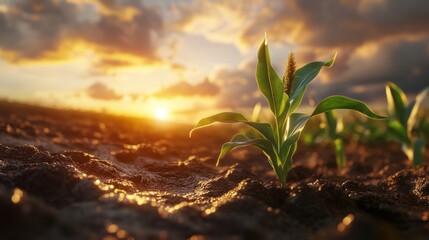 Young green corn plant in fertile soil at sunrise with dramatic clouds, showcasing new beginnings. Agricultural growth and sustainability concept