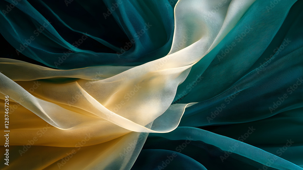 Poster close up view of textured green and yellow fabric with intricate patterns and detailed weave for des