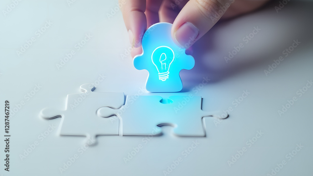 Poster a hand places a puzzle piece with a glowing lightbulb into a head-shaped puzzle on a white backgroun