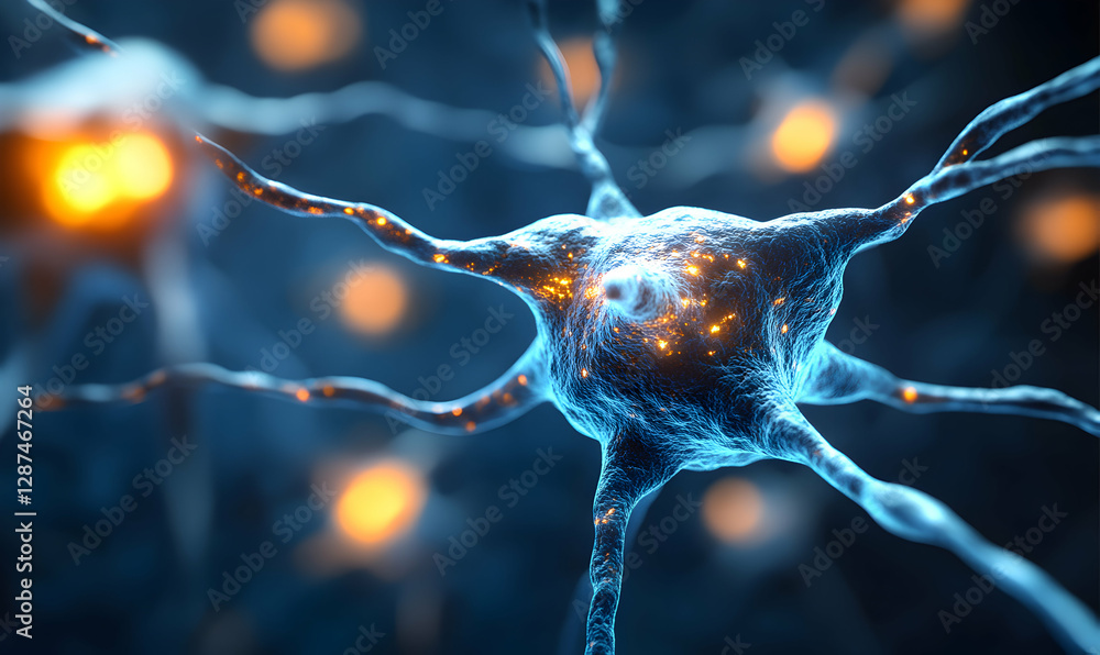 Aufkleber microscopic view of a neuron, showcasing intricate details and glowing synapses. perfect for science