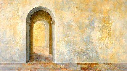 Fototapeta premium Serene arched hallway, textured walls, warm light, inviting passageway. Ideal for background, design, or meditation themes.