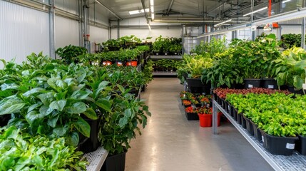 Abundant indoor plant nursery showcasing diverse potted greenery in a bright spacious greenhouse environment with concrete floor and metal shelving