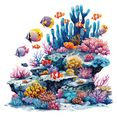 A vibrant coral reef teeming with fish cartoon style watercolor © siti