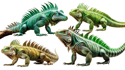 Collection of iguanas in multiple poses with realistic textures, isolated reptile elements for nature-themed designs and projects