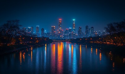 Night city skyline reflected in water