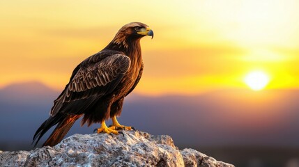Fototapeta premium Majestic golden eagle perched atop rocky peak against a vibrant sunset sky in a wilderness landscape serene and powerful