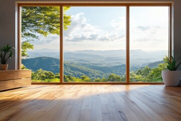 Fototapeta premium Spacious room featuring large windows with a mountain view