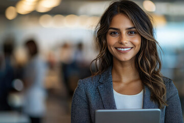 Confident young woman smiling in modern office setting, holding tablet