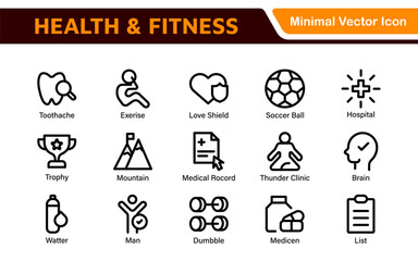 Health and Fitness Icon Set. Vector Icons for Exercise, Wellness, Nutrition, Gym, Yoga, and Healthy Lifestyle
