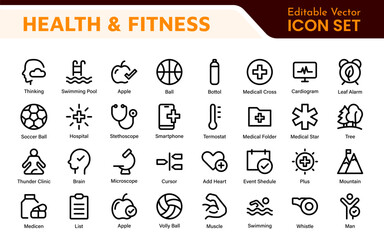 Health and Fitness Icon Set. Vector Icons for Exercise, Wellness, Nutrition, Gym, Yoga, and Healthy Lifestyle