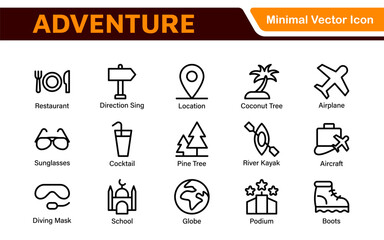 Adventure Icon Set. An exciting collection of icons that captures the spirit of exploration, perfect for travel apps, outdoor websites, and promotional materials for adventure and thrill-seeking.