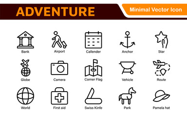 Adventure Icon Set. An exciting collection of icons that captures the spirit of exploration, perfect for travel apps, outdoor websites, and promotional materials for adventure and thrill-seeking.