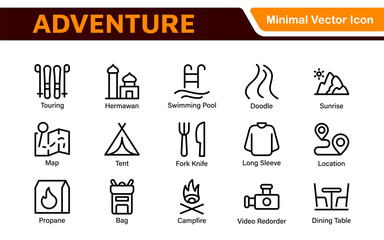 Adventure Icon Set. An exciting collection of icons that captures the spirit of exploration, perfect for travel apps, outdoor websites, and promotional materials for adventure and thrill-seeking.