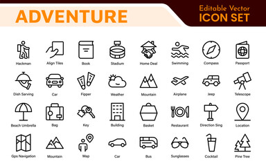 Adventure Icon Set. An exciting collection of icons that captures the spirit of exploration, perfect for travel apps, outdoor websites, and promotional materials for adventure and thrill-seeking.