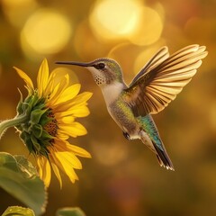 Fototapeta premium Hummingbird in Flight near Sunflower with Golden Bokeh Background Capturing Nature's Beauty and Delicate Movement in Warm Light