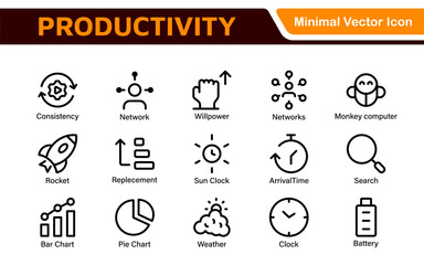 Productivity and Efficiency Icons Collection. Vector Icons for Task Management, Time Optimization, Work Process, and Goal Achievement