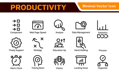 Productivity and Efficiency Icons Collection. Vector Icons for Task Management, Time Optimization, Work Process, and Goal Achievement