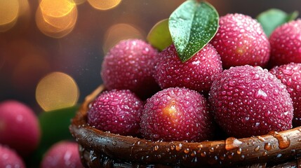Fresh Lychees in Wooden Bowl with Water Drops