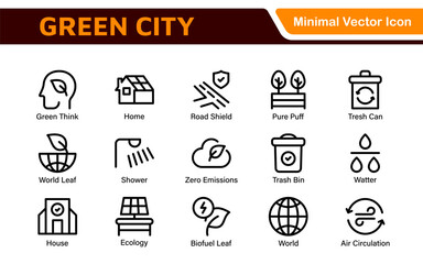 Line icons about green city. Sustainable development. Contains such icons as renewable energy, autonomous building, air and water quality.