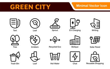 Line icons about green city. Sustainable development. Contains such icons as renewable energy, autonomous building, air and water quality.