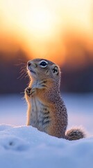 Ground squirrel standing on snowy field at sunset with warm orange glow and focused gaze. Wildlife and nature concept