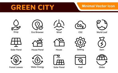 Fototapeta premium Line icons about green city. Sustainable development. Contains such icons as renewable energy, autonomous building, air and water quality.