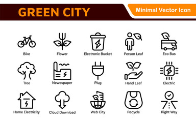 Line icons about green city. Sustainable development. Contains such icons as renewable energy, autonomous building, air and water quality.