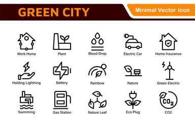 Obraz premium Line icons about green city. Sustainable development. Contains such icons as renewable energy, autonomous building, air and water quality.