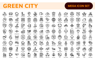 Line icons about green city. Sustainable development. Contains such icons as renewable energy, autonomous building, air and water quality.