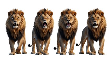 Various lion poses in a set, powerful and regal big cats, detailed wildlife illustrations on clean PNG background