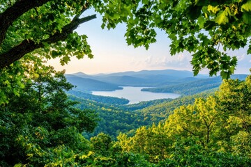 Obraz premium Breathtaking Panorama of Forested Hills with Lake in Early Morning Light Framed by Vibrant Green Foliage