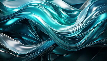 Cool-toned fluid ribbons in teal, cyan, and silver. 