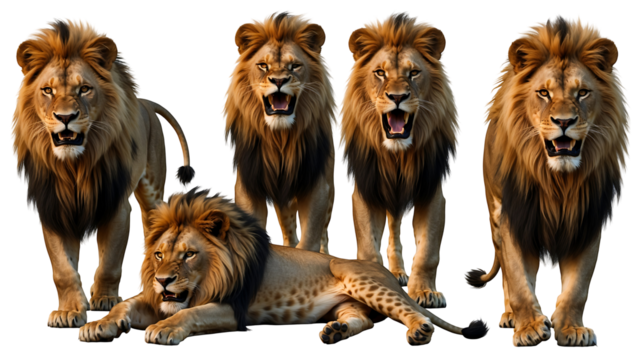 Set of fierce majestic lions in different poses with flowing manes, snarling and roaring, highly detailed 8K photorealistic PNG on white background