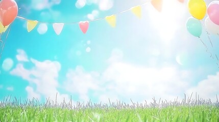 Bright Sunny Day with Balloons and Colorful Bunting in Field