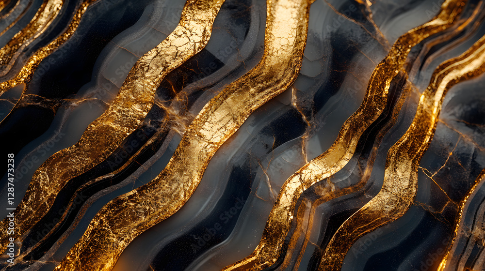 Poster close up of gold and black marble surface with intricate patterns and textures