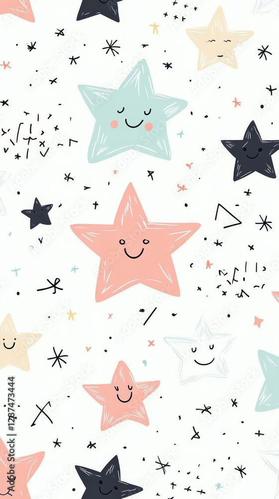 Poster cute stars with smiling faces on light background create joyful pattern