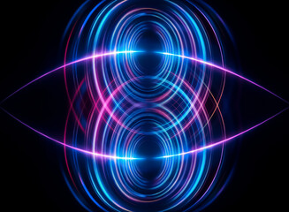 Abstract glowing circles radiate in blue and pink, creating a mesmerizing, symmetrical pattern against a dark backdrop.  Illuminated rings interweave with vibrant colors.