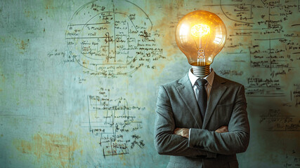 businessman with light bulb head stands confidently against wall covered in mathematical formulas, symbolizing innovation and intelligence