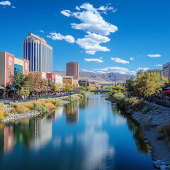 Fototapeta premium Vibrant cityscape of downtown Reno, Nevada, featuring the Truckee River Walk, modern high-rise buildings, and historic landmarks under a clear blue sky with puffy