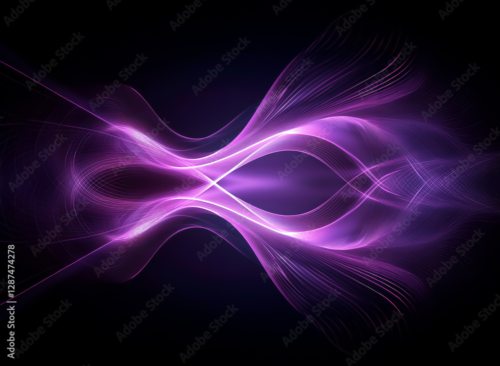 Poster abstract image of purple light waves forming a symmetrical, flowing shape against a dark background.