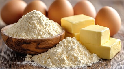 Bowl of flour, butter, and eggs on a wooden surface ready for baking delicious homemade treats