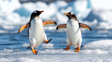 Fototapeta premium Two Gentoo Penguins Frolicking on Ice Floe in Antarctica, Capturing the Playful Mood and Pristine Landscape, Wide Angle, Natural Light