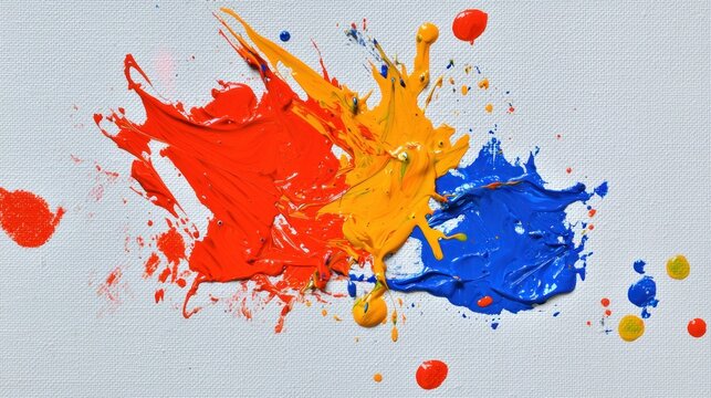 Vibrant canvas explosion of red yellow and blue paint splatters creating dynamic abstract art modern design colorful background