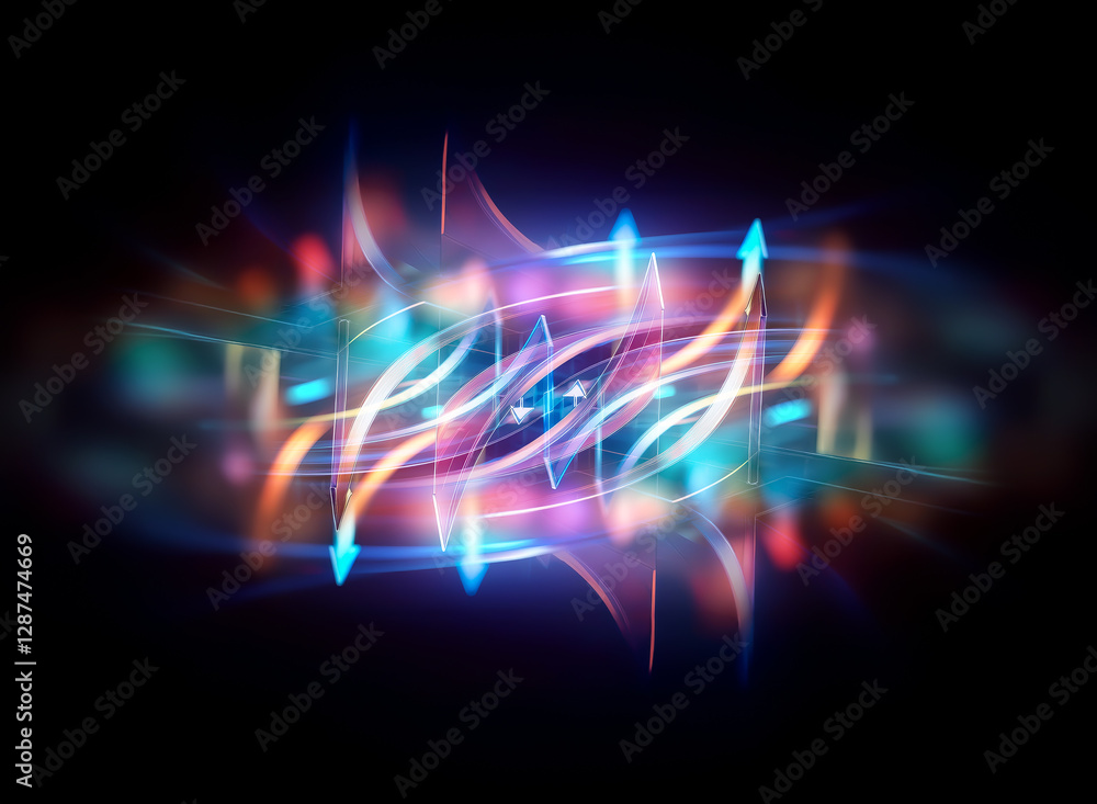 Poster abstract symmetrical light form with glowing blue and red hues, creating a dynamic and energetic vis