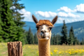 Obraz premium Charming alpaca portrait in vibrant meadow with distant mountain backdrop under bright blue sky