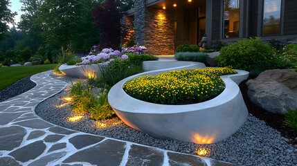 Modern garden path lighting design at dusk
