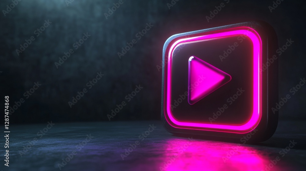 Poster neon pink play button icon on dark background with glowing effect. modern digital media and streamin