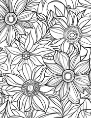 Coloring page featuring intricate floral designs with leaves and flowers
