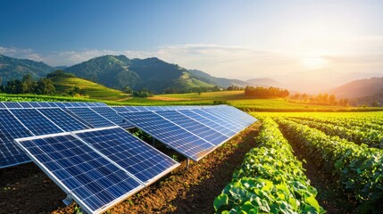 Serene solar panel array amidst lush agricultural fields at sunset renewable energy harmonious landscape